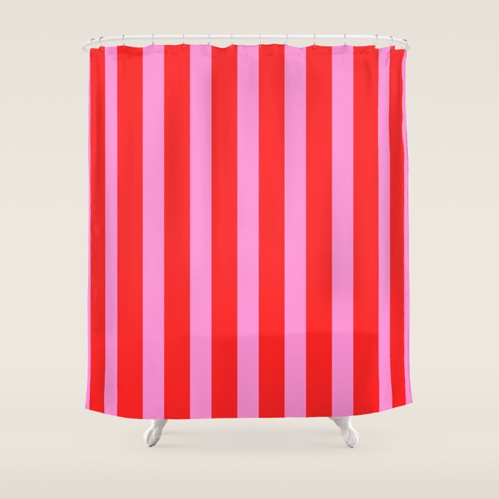Preppy Pink and Red Vertical Stripes Pattern  Shower Curtain Gallery Image 1