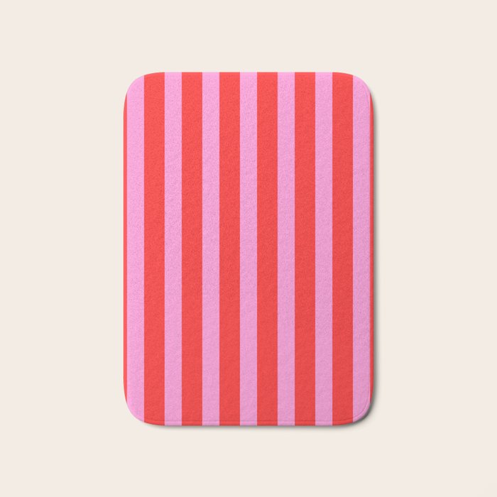 Preppy Pink and Red Vertical Stripes Pattern  Bath Mat Gallery Image 1