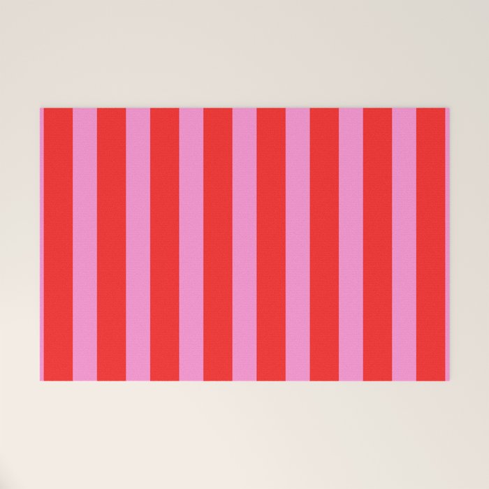 Preppy Pink and Red Vertical Stripes Pattern  Welcome Mat Gallery Image 1