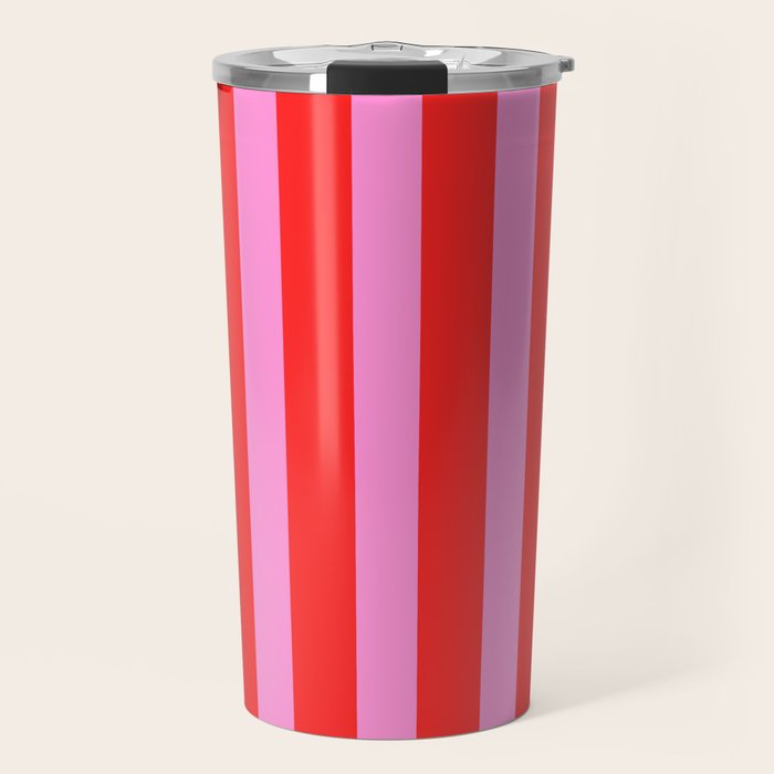 Preppy Pink and Red Vertical Stripes Pattern  Travel Mug Gallery Image 1