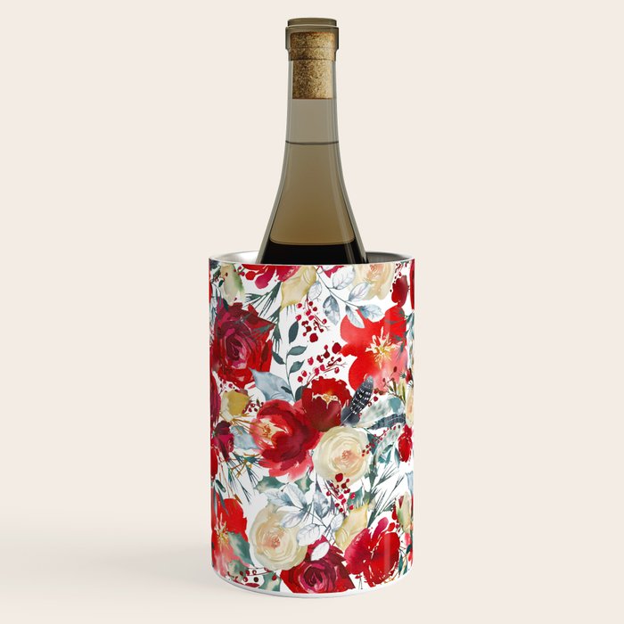 Red teal hand painted boho watercolor roses floral Wine Chiller Gallery Image 1