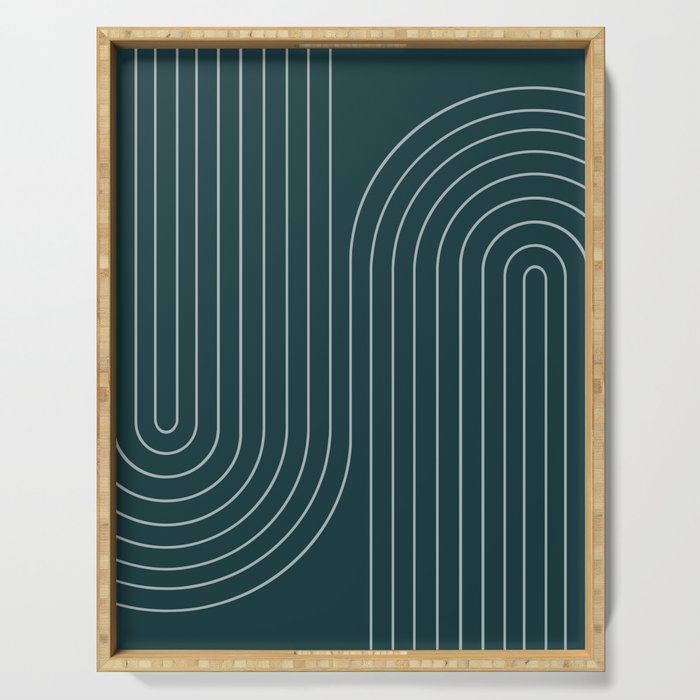 Minimal Line Curvature XCII Dark Teal Green Mid Century Modern Arch Abstract Serving Tray Gallery Image 1