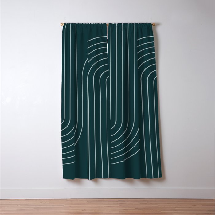 Minimal Line Curvature XCII Dark Teal Green Mid Century Modern Arch Abstract Window Curtain Gallery Image 3