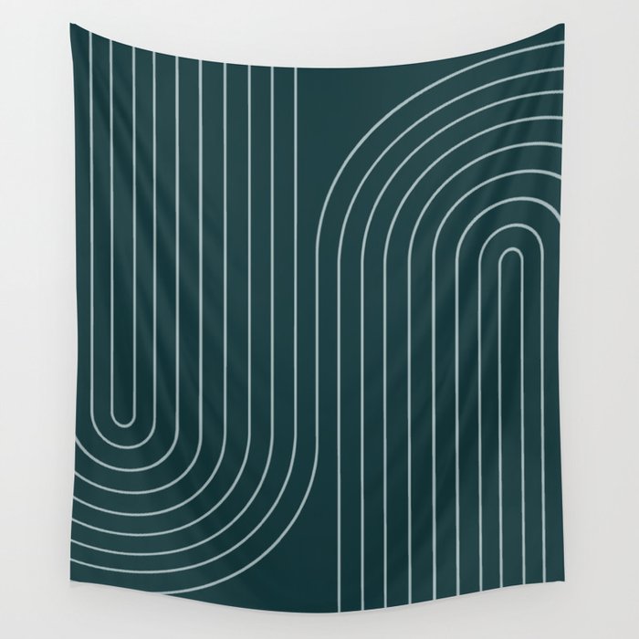 Minimal Line Curvature XCII Dark Teal Green Mid Century Modern Arch Abstract Wall Tapestry Gallery Image 1