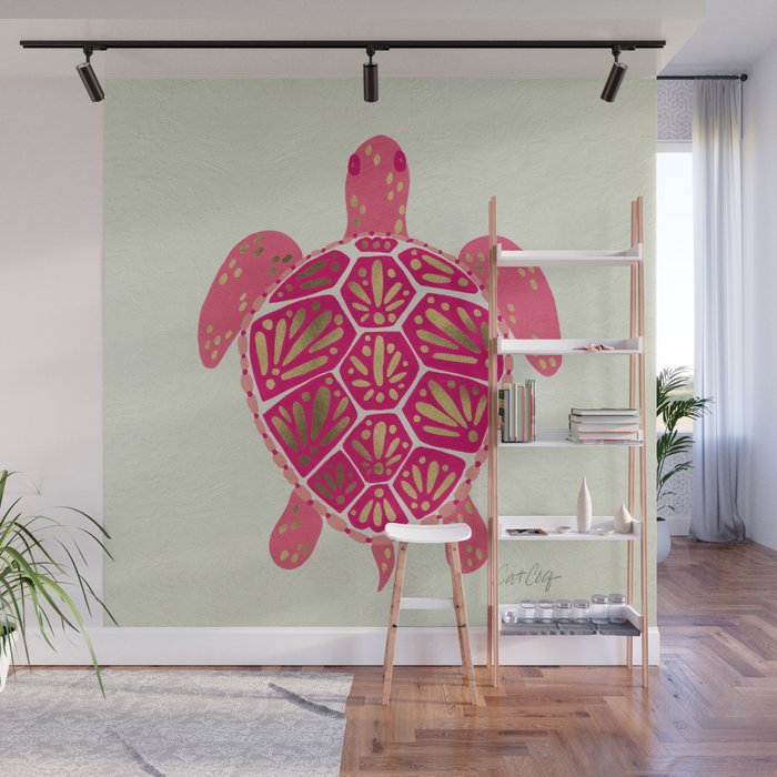 Sea Turtle in Pink & Gold Wall Mural Gallery Image 1