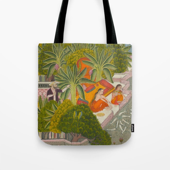 Title Royal Women Feeding Fish Place India Indian Miniature Painting  Tote Bag Gallery Image 1