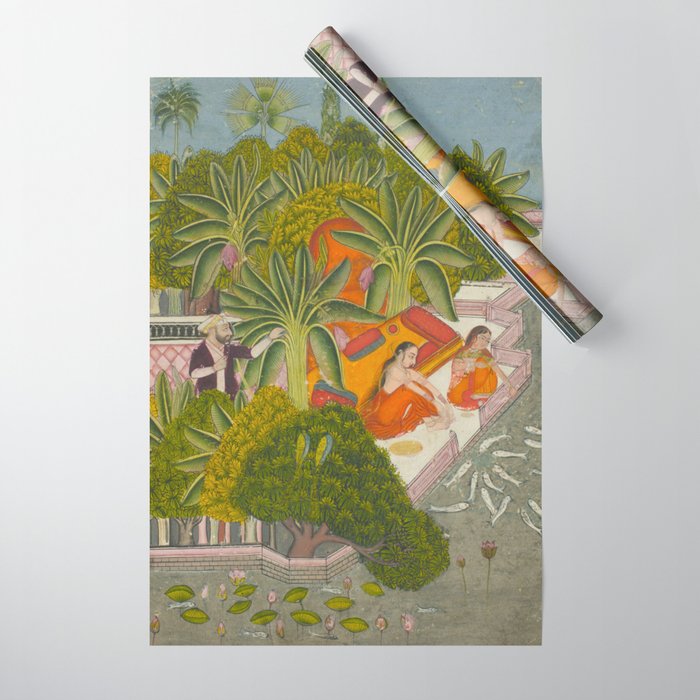 Title Royal Women Feeding Fish Place India Indian Miniature Painting  Wrapping Paper Gallery Image 1