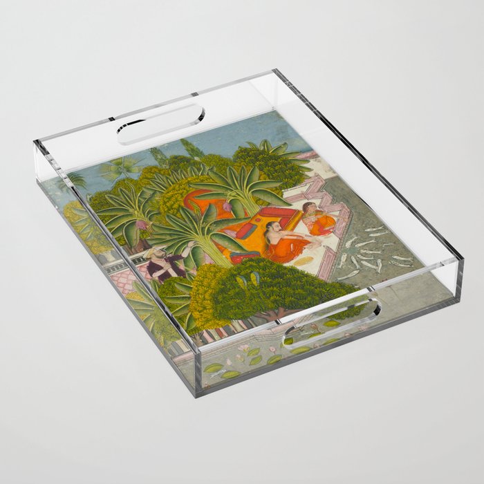 Title Royal Women Feeding Fish Place India Indian Miniature Painting  Acrylic Tray Gallery Image 1