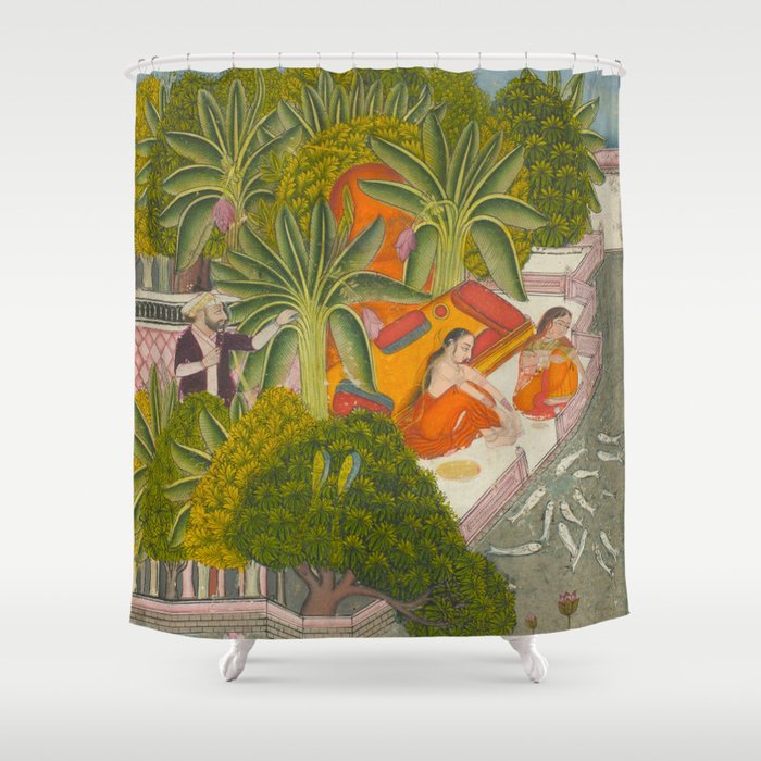 Title Royal Women Feeding Fish Place India Indian Miniature Painting  Shower Curtain Gallery Image 1