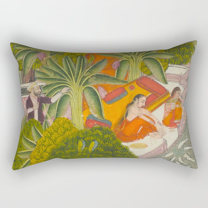 Title Royal Women Feeding Fish Place India Indian Miniature Painting  Rectangular Pillow Gallery Image 1