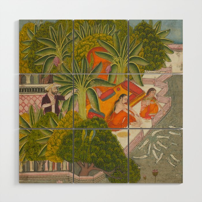 Title Royal Women Feeding Fish Place India Indian Miniature Painting  Wood Wall Art Gallery Image 1