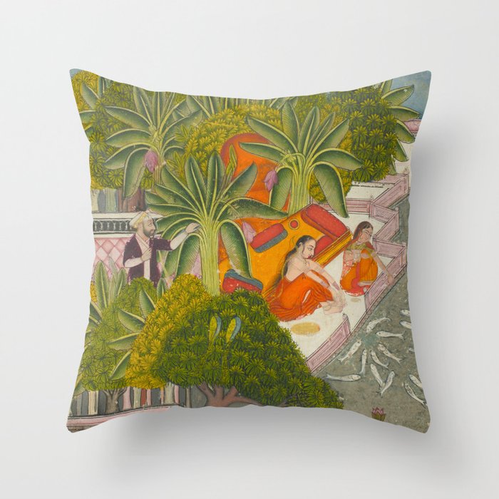 Title Royal Women Feeding Fish Place India Indian Miniature Painting  Throw Pillow Gallery Image 1