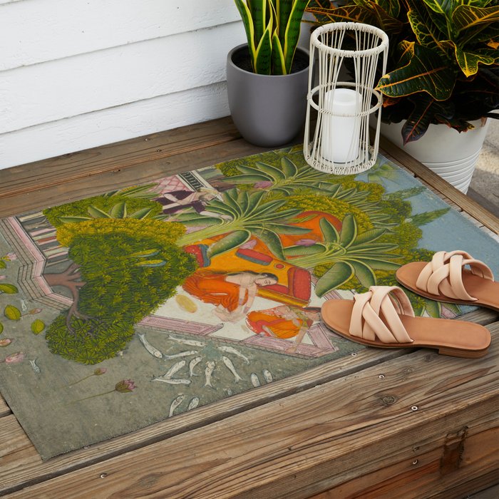Title Royal Women Feeding Fish Place India Indian Miniature Painting  Outdoor Rug Gallery Image 2