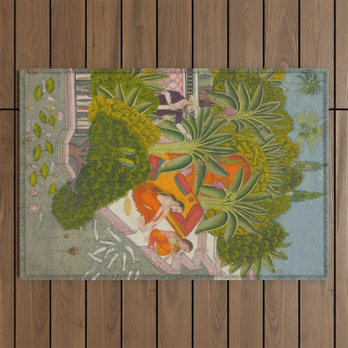 Title Royal Women Feeding Fish Place India Indian Miniature Painting  Outdoor Rug Gallery Image 1