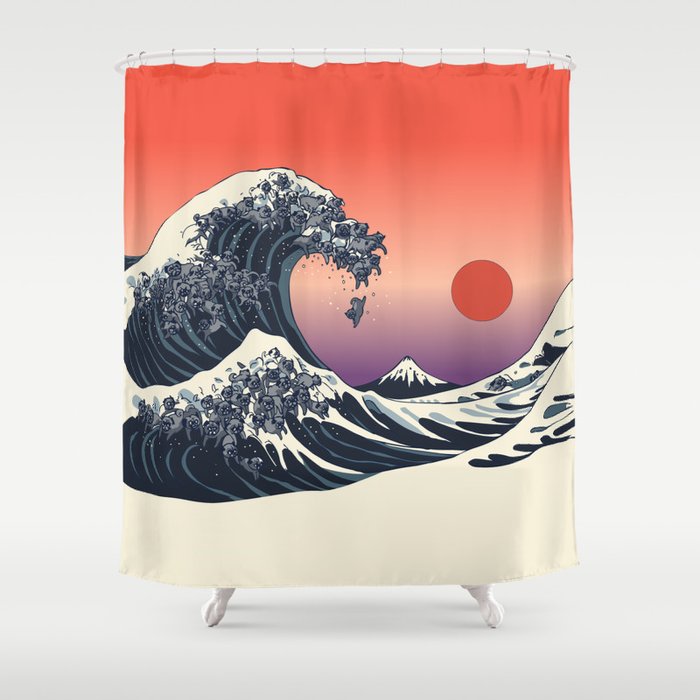 The Great Wave of Black Pug Shower Curtain Gallery Image 1