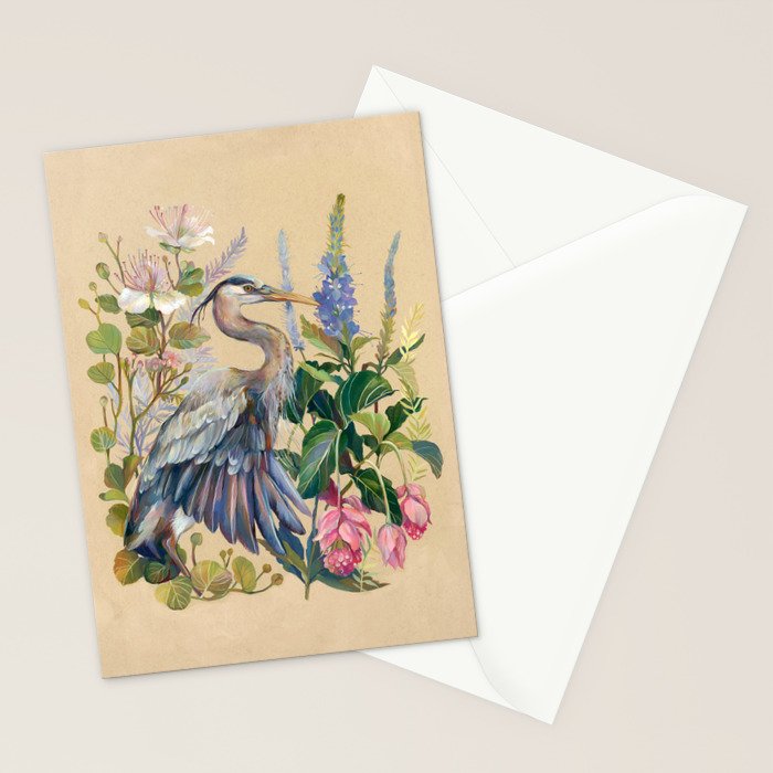 Blue Heron Floral Stationery Card Gallery Image 2