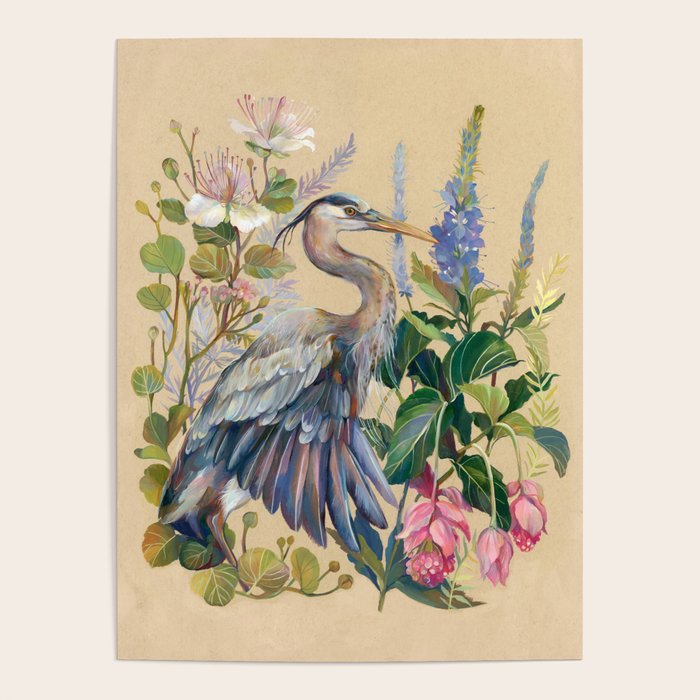 Blue Heron Floral Poster Gallery Image 1