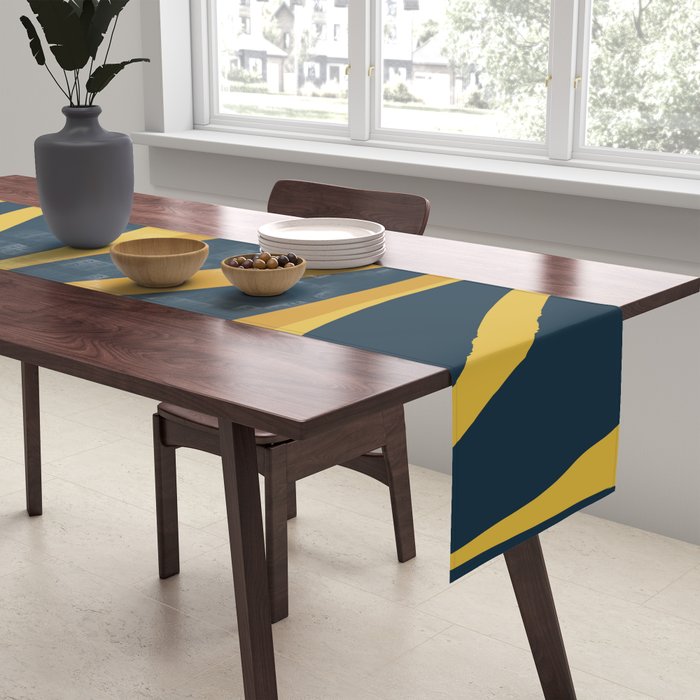 Mid Century Modern Retro Lounge Striped Ogee Pattern in Navy Blue and Mustard Table Runner Gallery Image 2