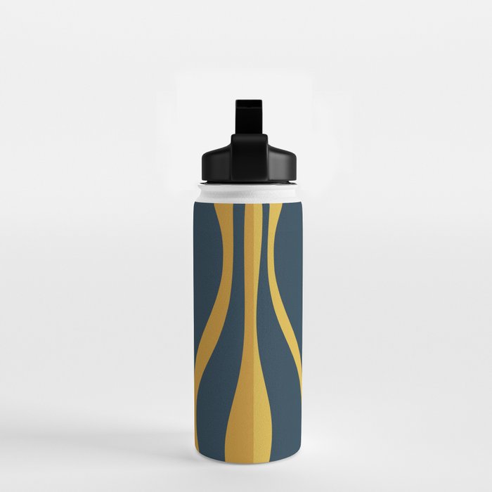 Mid Century Modern Retro Lounge Striped Ogee Pattern in Navy Blue and Mustard Water Bottle Gallery Image 2