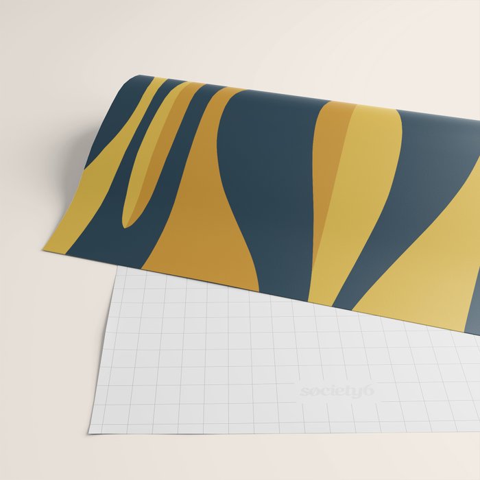 Mid Century Modern Retro Lounge Striped Ogee Pattern in Navy Blue and Mustard Wrapping Paper Gallery Image 2