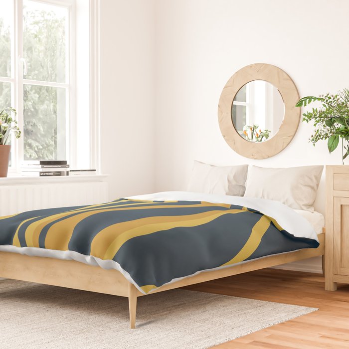 Mid Century Modern Retro Lounge Striped Ogee Pattern in Navy Blue and Mustard Duvet Cover Gallery Image 2