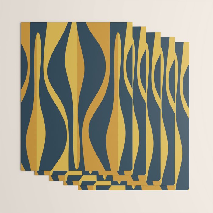 Mid Century Modern Retro Lounge Striped Ogee Pattern in Navy Blue and Mustard Wrapping Paper Gallery Image 3