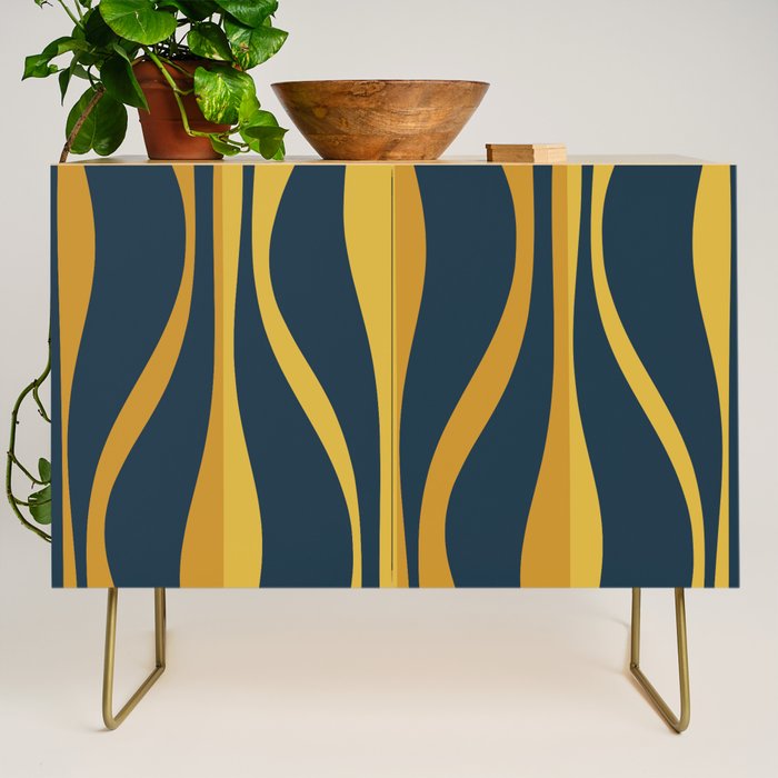 Mid Century Modern Retro Lounge Striped Ogee Pattern in Navy Blue and Mustard Credenza Gallery Image 1