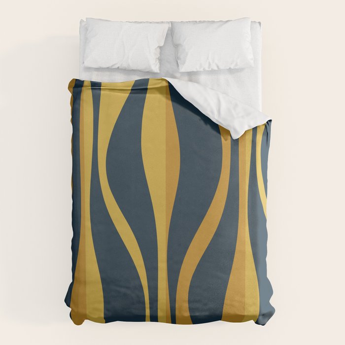 Mid Century Modern Retro Lounge Striped Ogee Pattern in Navy Blue and Mustard Duvet Cover Gallery Image 6