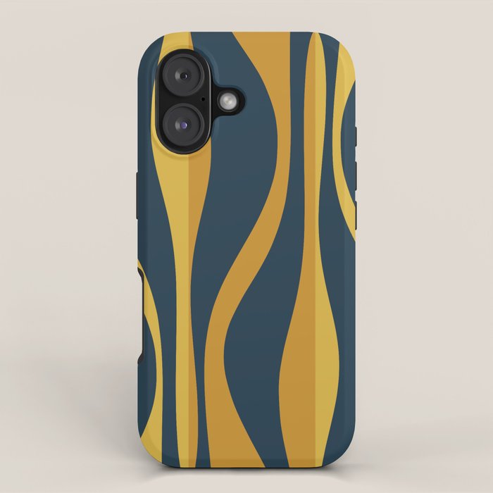 Mid Century Modern Retro Lounge Striped Ogee Pattern in Navy Blue and Mustard iPhone Case Gallery Image 1