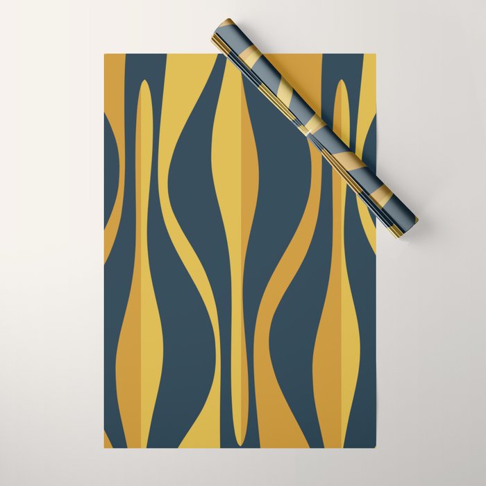 Mid Century Modern Retro Lounge Striped Ogee Pattern in Navy Blue and Mustard Wrapping Paper Gallery Image 1