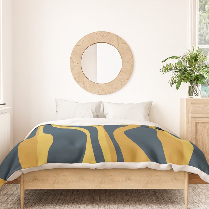 Mid Century Modern Retro Lounge Striped Ogee Pattern in Navy Blue and Mustard Duvet Cover Gallery Image 3