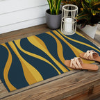 Mid Century Modern Retro Lounge Striped Ogee Pattern in Navy Blue and Mustard Outdoor Rug Gallery Image 2