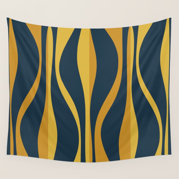 Mid Century Modern Retro Lounge Striped Ogee Pattern in Navy Blue and Mustard Wall Tapestry Gallery Image 1