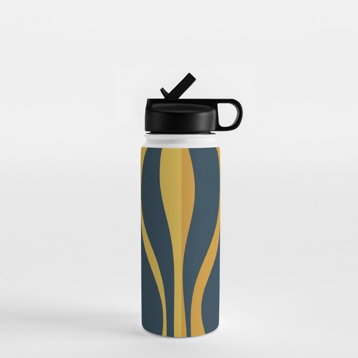 Mid Century Modern Retro Lounge Striped Ogee Pattern in Navy Blue and Mustard Water Bottle Gallery Image 1