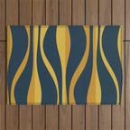 Mid Century Modern Retro Lounge Striped Ogee Pattern in Navy Blue and Mustard Outdoor Rug Gallery Image 1