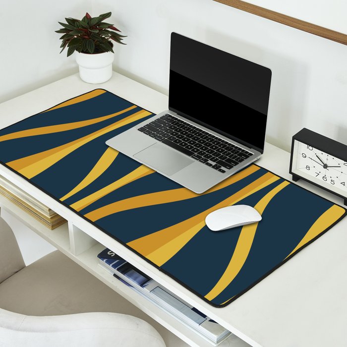 Mid Century Modern Retro Lounge Striped Ogee Pattern in Navy Blue and Mustard Desk Mat Gallery Image 2