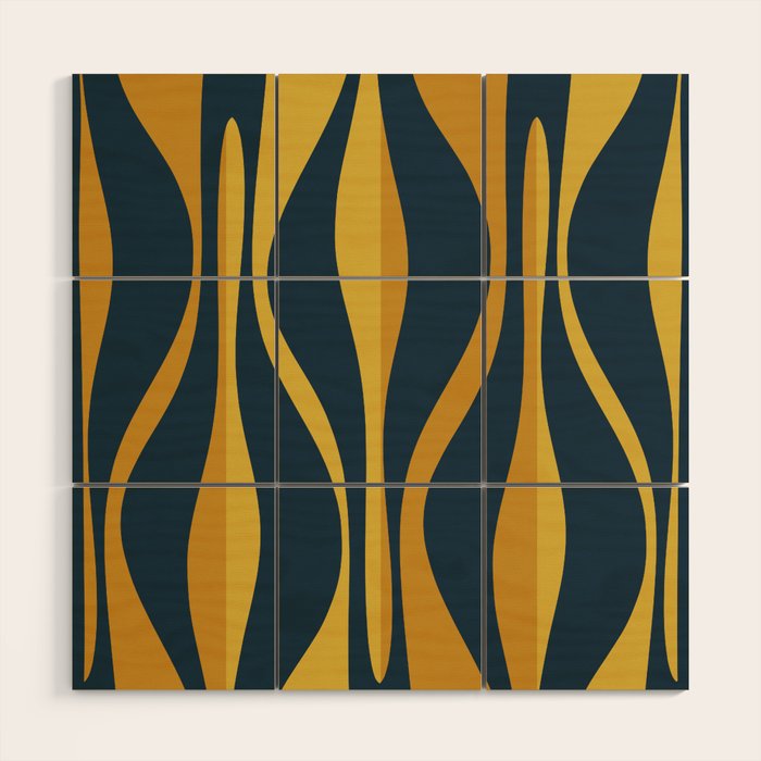Mid Century Modern Retro Lounge Striped Ogee Pattern in Navy Blue and Mustard Wood Wall Art Gallery Image 1