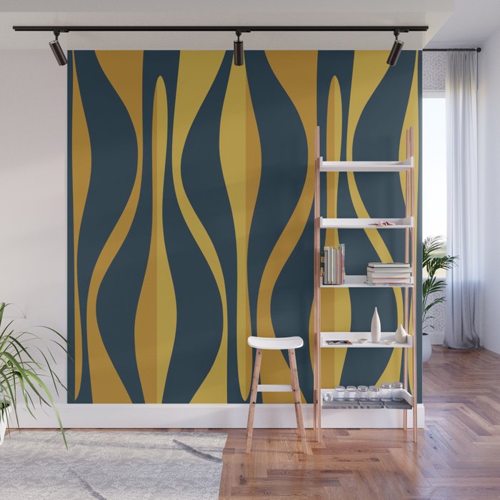 Mid Century Modern Retro Lounge Striped Ogee Pattern in Navy Blue and Mustard Wall Mural Gallery Image 1