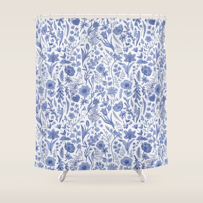 Meadow Magic Blooming Blue & White Wild Flower Floral Shower Curtain Gallery Image 1