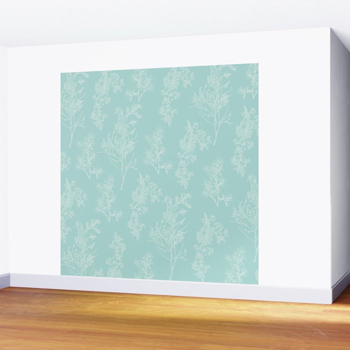 Botanical Cottage Floral Pattern in Pale Teal Wall Mural Gallery Image 2