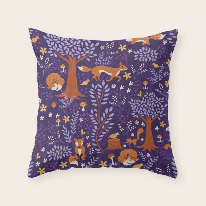 Foxes Playing in a Purple Forest Throw Pillow Gallery Image 1