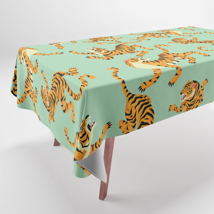 Mint Green Roaring Tiger Pattern Tablecloth Gallery Image 1