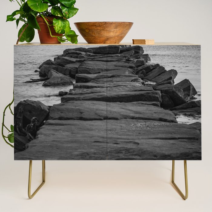 Rocky Pier Lake Erie Cleveland Ohio Black White Coastal Photography Print Credenza Gallery Image 1