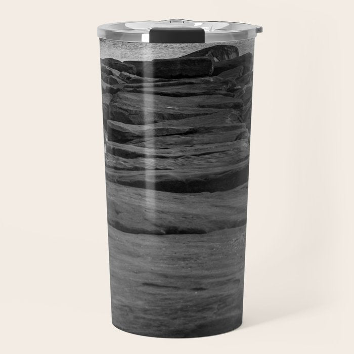 Rocky Pier Lake Erie Cleveland Ohio Black White Coastal Photography Print Travel Mug Gallery Image 1