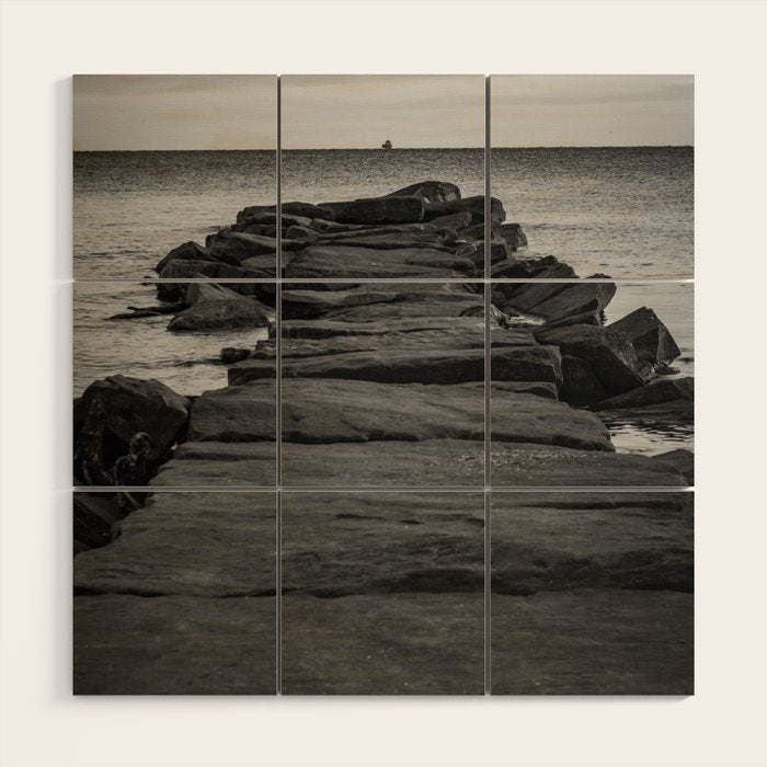 Rocky Pier Lake Erie Cleveland Ohio Black White Coastal Photography Print Wood Wall Art Gallery Image 1
