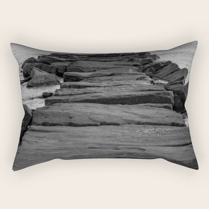Rocky Pier Lake Erie Cleveland Ohio Black White Coastal Photography Print Rectangular Pillow Gallery Image 1