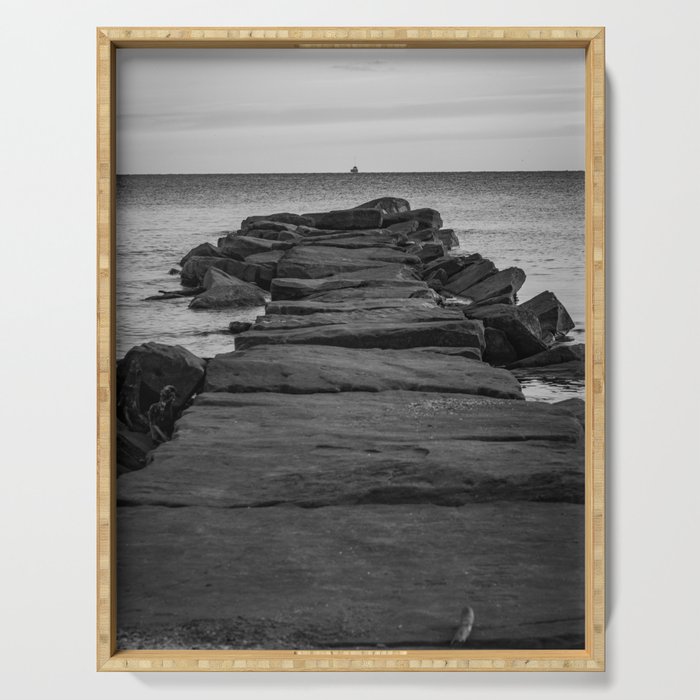 Rocky Pier Lake Erie Cleveland Ohio Black White Coastal Photography Print Serving Tray Gallery Image 1