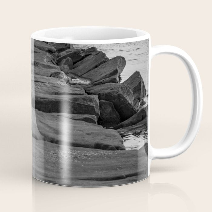 Rocky Pier Lake Erie Cleveland Ohio Black White Coastal Photography Print Coffee Mug Gallery Image 1