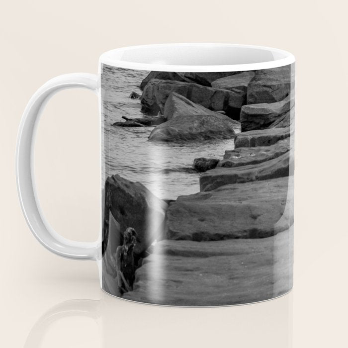 Rocky Pier Lake Erie Cleveland Ohio Black White Coastal Photography Print Coffee Mug Gallery Image 3