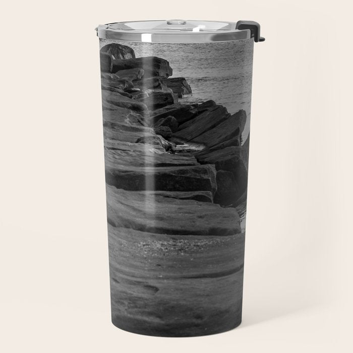 Rocky Pier Lake Erie Cleveland Ohio Black White Coastal Photography Print Travel Mug Gallery Image 2